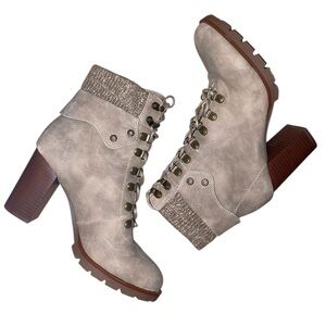 JUSTFAB “Keltie” Lace-Up Booties 4” Heels Knit Collar in Taupe/Grey Size 10M